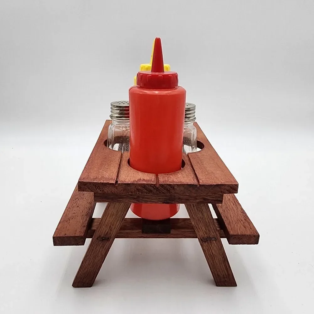 Redwood Picnic Table Condiment Set Salt Pepper Ketchup Mustard‎ Vintage READ